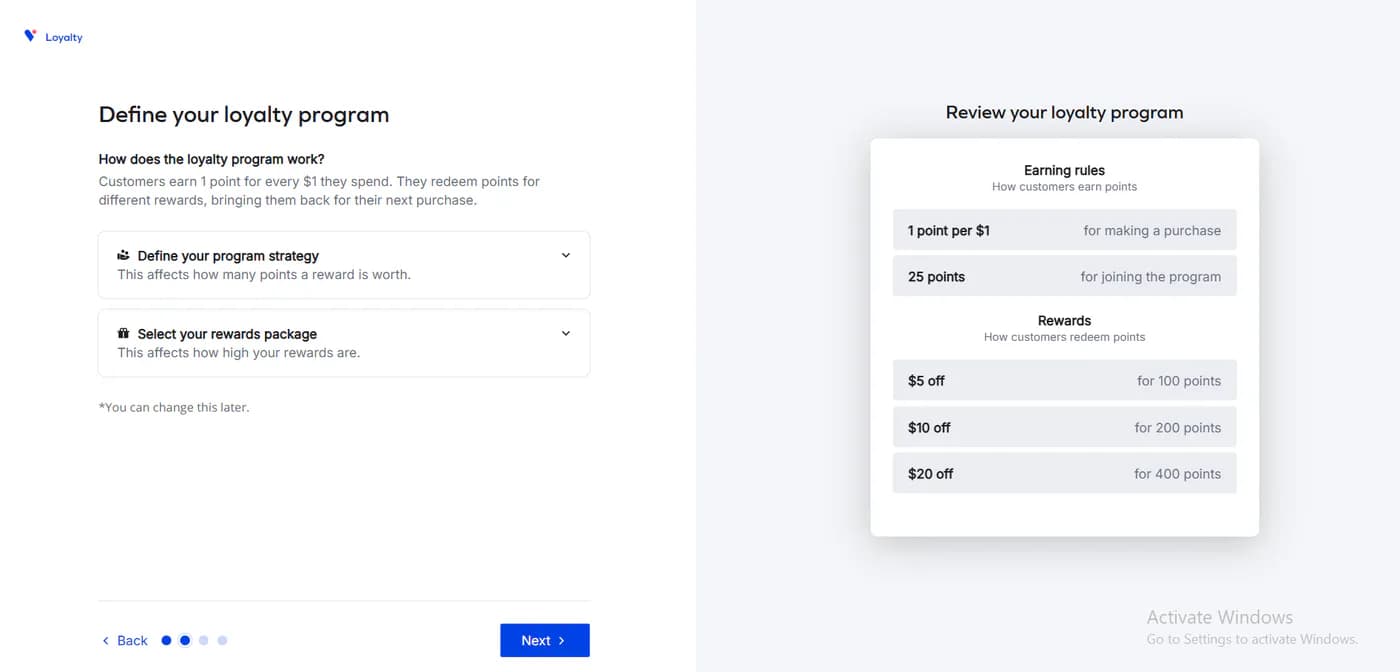 Yotpo Loyalty onboarding step two showing the program definition with earning rules of 1 point per dollar and 25 points for joining, and rewards of 5, 10, and 20 dollars off for 100, 200, and 400 points