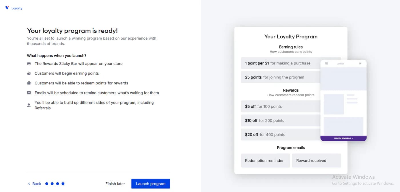 Yotpo Loyalty onboarding step four summarising the launched program with earning rules, three rewards, and two program emails beside a preview of the sticky bar