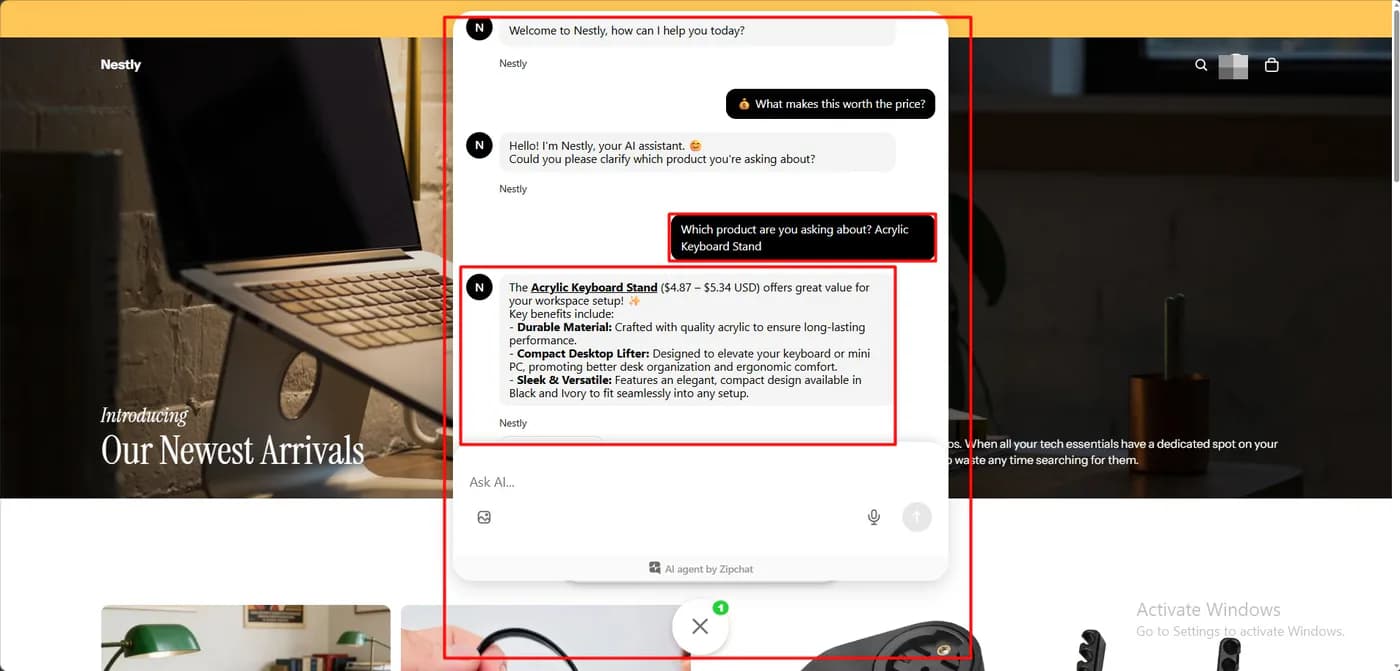 Zipchat storefront conversation in which the agent asks which product the shopper means before answering, then describes the Acrylic Keyboard Stand with its price range and key benefits