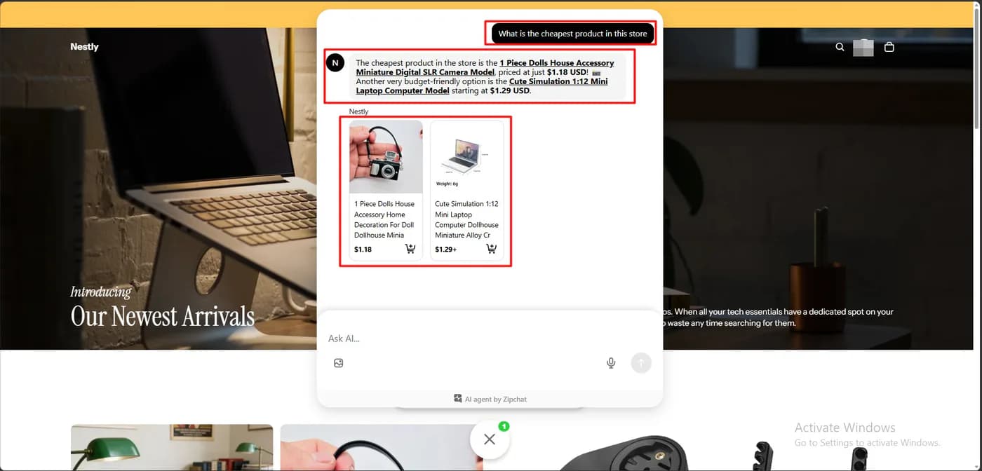 Zipchat answering that the cheapest product is the 1.18 dollar dolls house camera model with a 1.29 dollar alternative, shown as two product cards with add to cart buttons