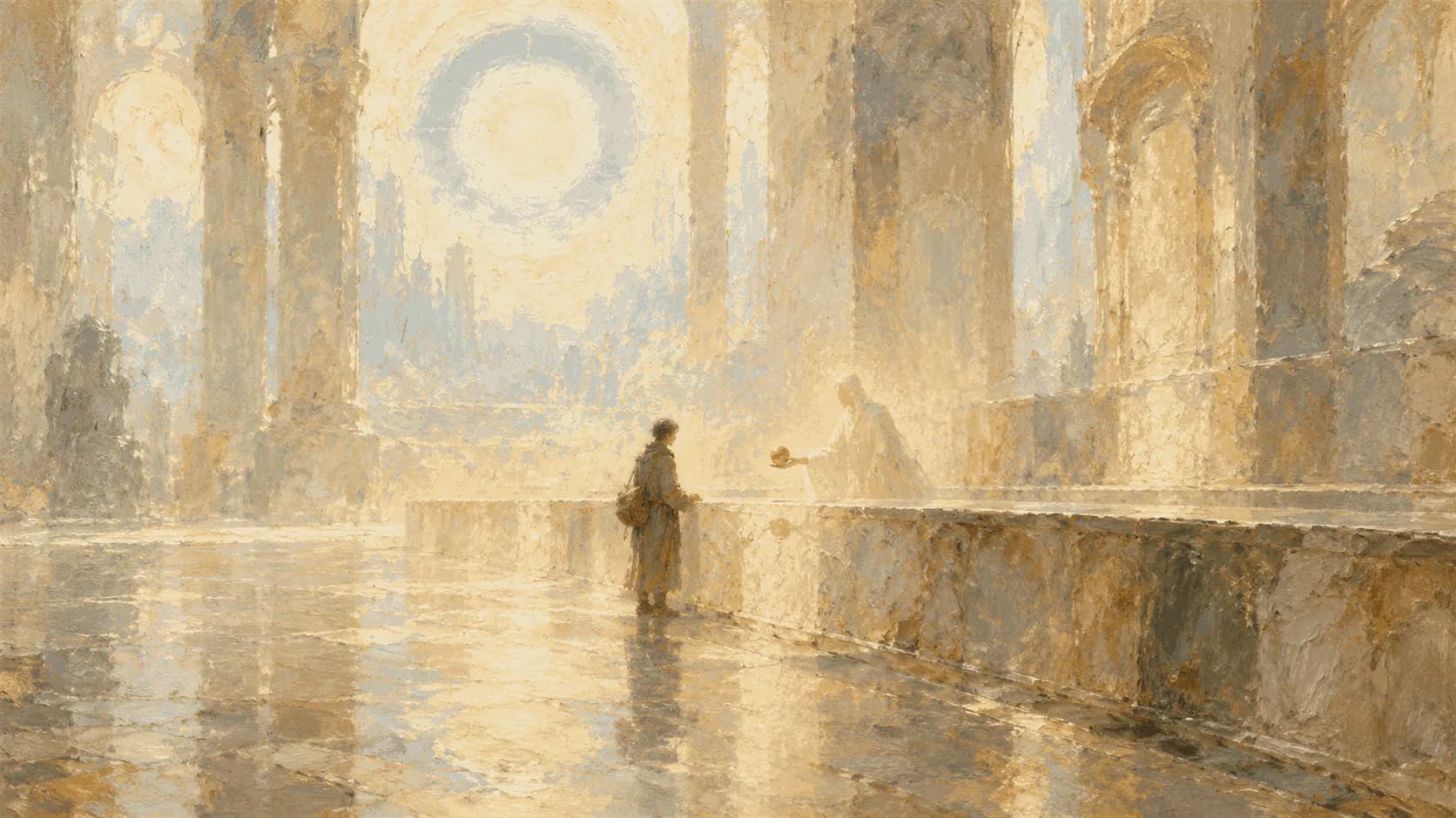 A hazy painterly traveller at a long stone counter in a vast sunlit hall, receiving a single small object from a pale attendant whose offering is mirrored in the polished floor, beneath a soft pale ring of light high in the arches
