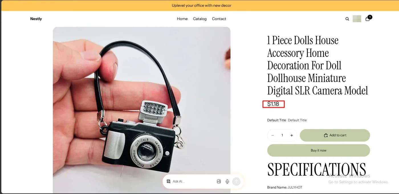 Shopify product page for the dolls house camera model confirming the 1.18 dollar price
