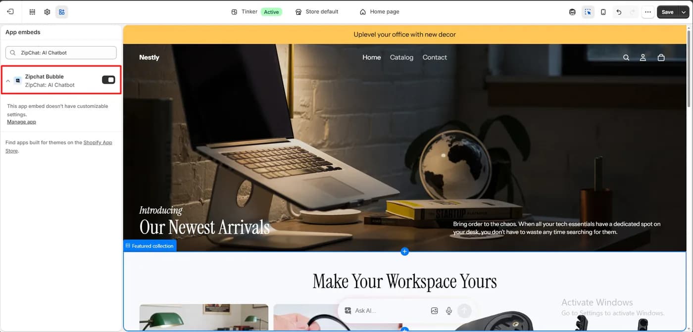Shopify theme editor showing the Zipchat Bubble app embed enabled with no customizable settings, and the Ask AI bar visible on the storefront preview