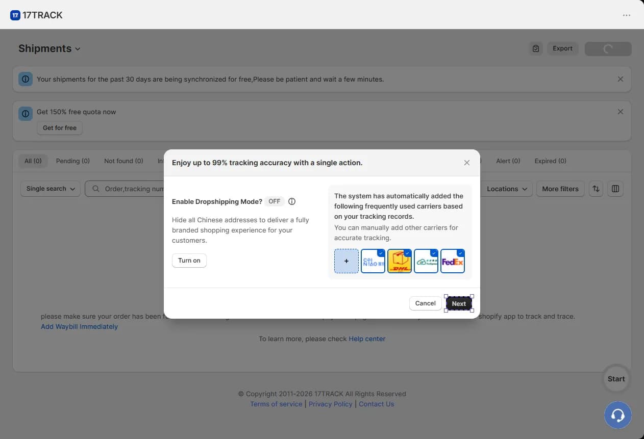 17TRACK carrier setup screen with Dropshipping Mode toggle to hide Chinese addresses and automatically added carriers including Cainiao, DHL and FedEx