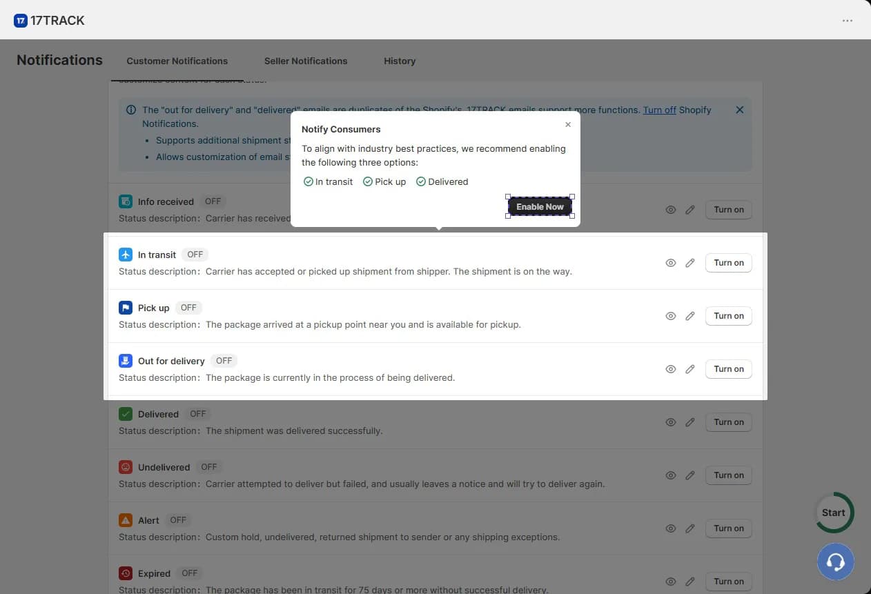 17TRACK Customer Notifications page with In transit, Pick up, Out for delivery and Delivered emails switched off and a prompt recommending three to enable