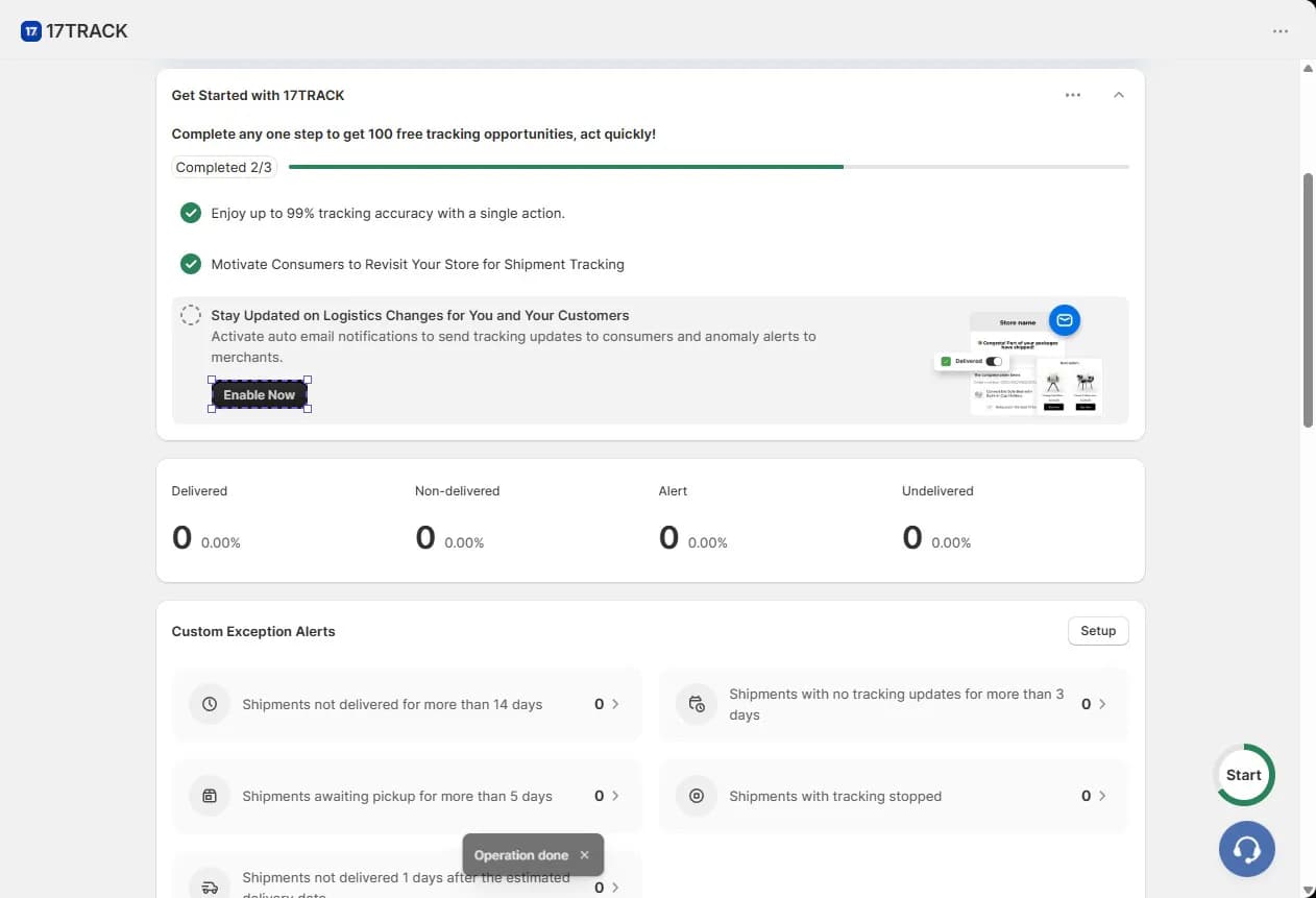 17TRACK dashboard showing the Get Started checklist, delivery status counts and Custom Exception Alerts for delayed, stalled and stopped shipments