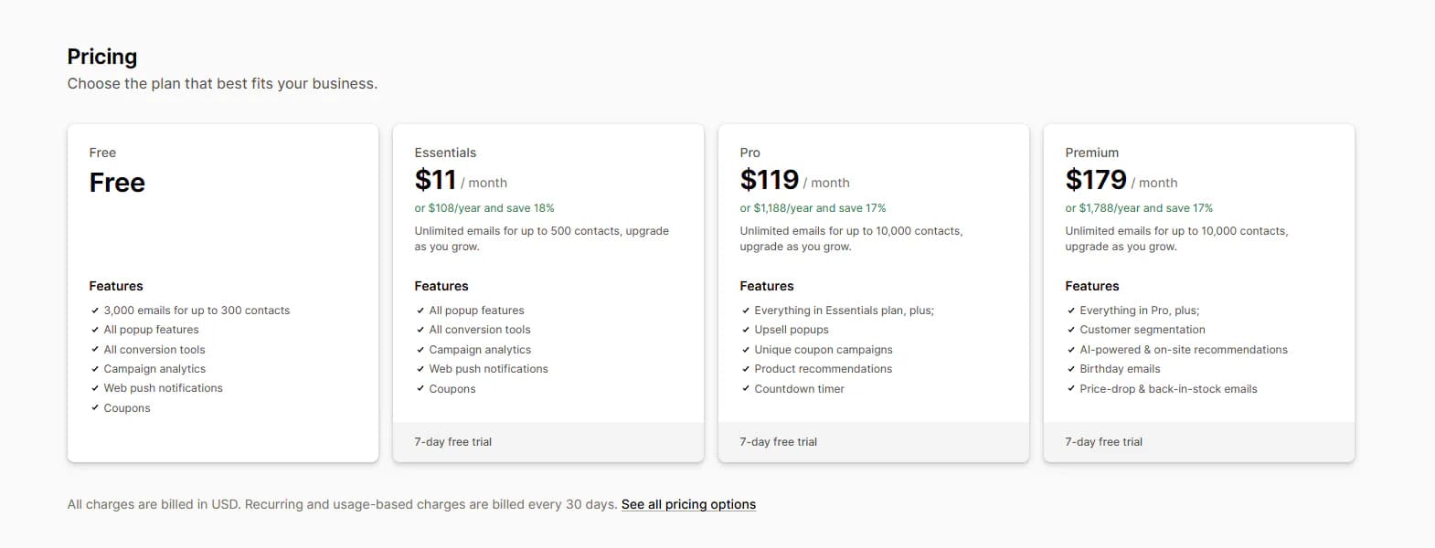 AfterShip Email Marketing, SMS pricing plans showing Free, Essentials at $11 a month, Pro at $119 a month and Premium at $179 a month