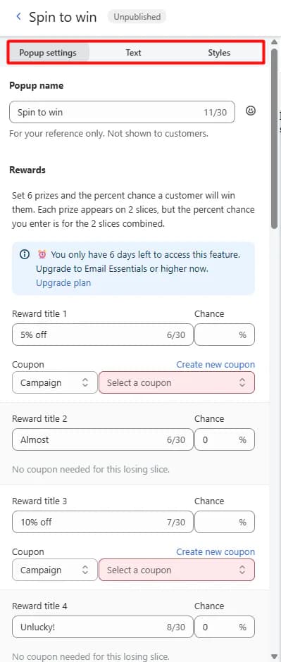 AfterShip Email spin-to-win popup editor with a notice saying the feature is available for 6 more days and asking to upgrade to Email Essentials or higher