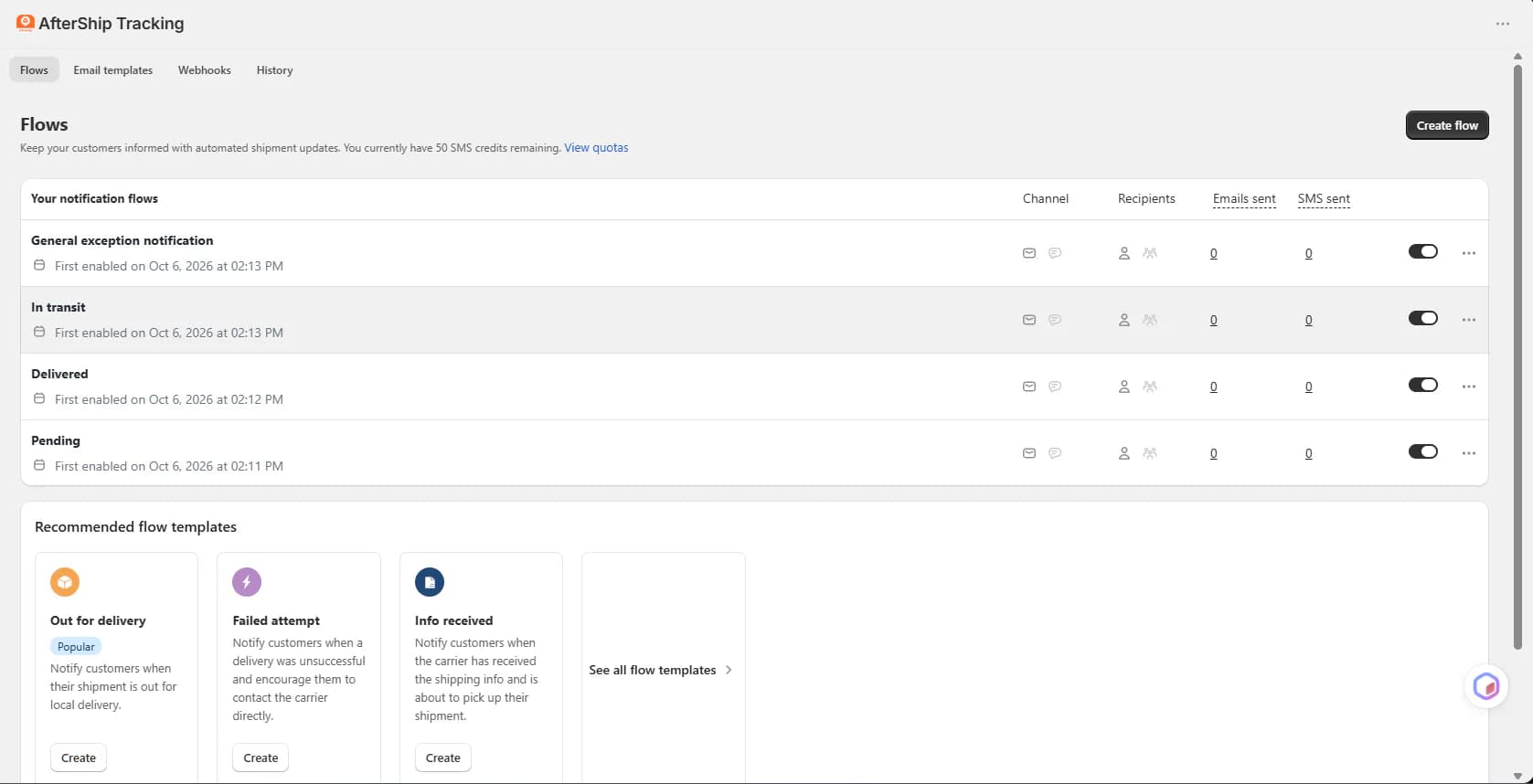 AfterShip notification flows with General exception, In transit, Delivered and Pending turned on, email and SMS channel icons, 50 SMS credits remaining and recommended flow templates