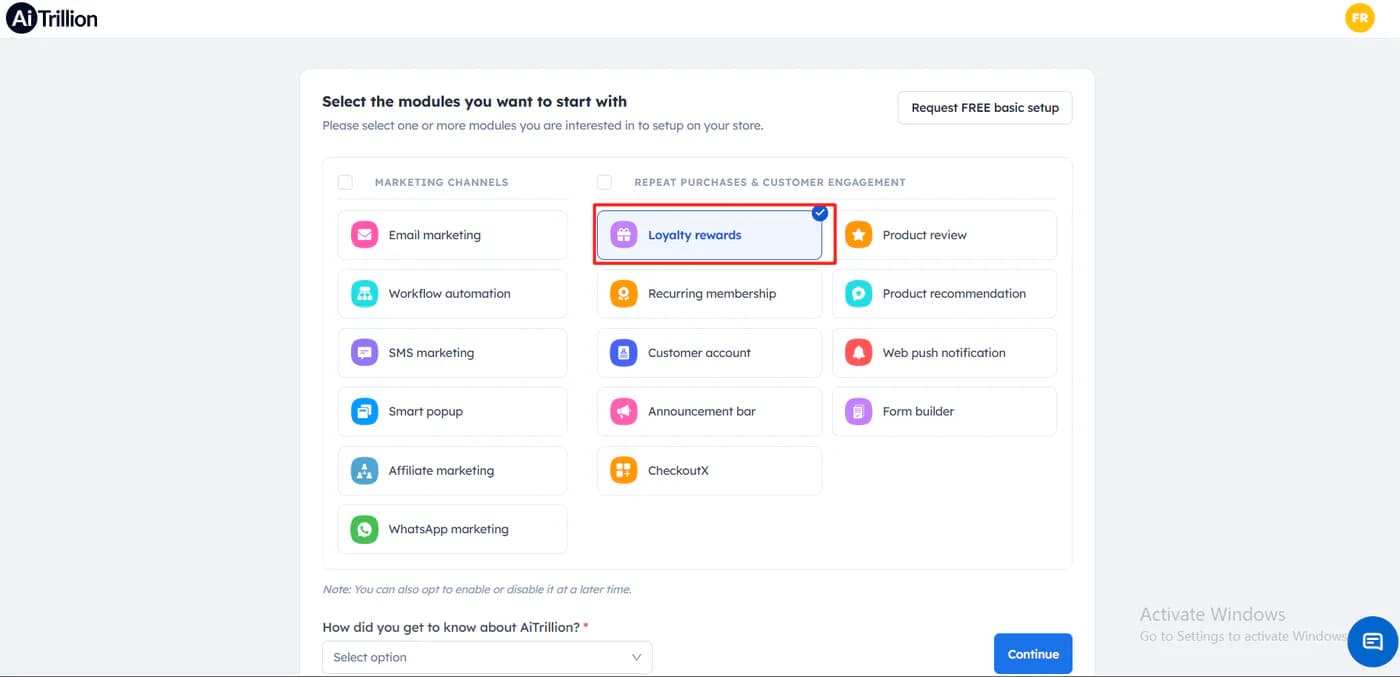 AiTrillion module picker showing fifteen modules grouped under marketing channels and repeat purchases and customer engagement, with Loyalty rewards selected