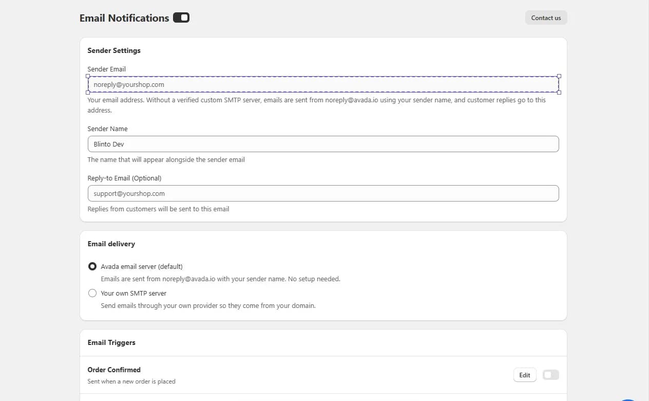 Avada Email Notifications screen showing Sender Settings with sender email, sender name and reply-to fields, Email delivery set to the Avada email server by default with an option for your own SMTP server, and the Order Confirmed email trigger