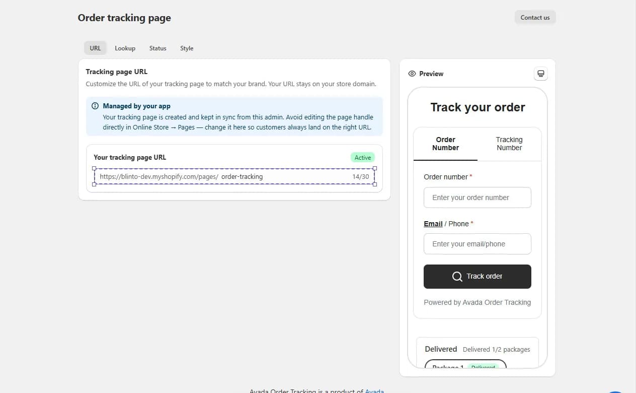 Avada Order Tracking page settings with URL, Lookup, Status and Style tabs, an active tracking page URL on the store's myshopify domain, and a preview of the Track your order form with Order Number and Tracking Number tabs