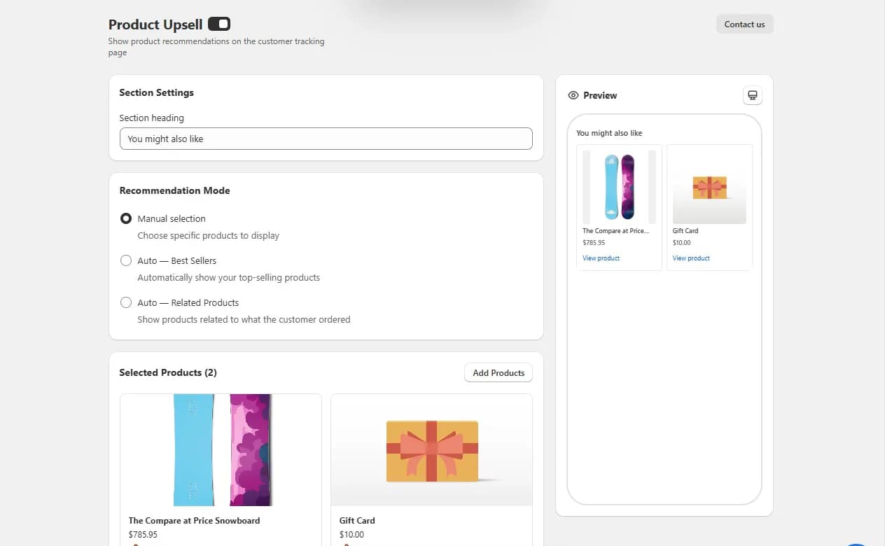 Avada Product Upsell settings with the section heading You might also like, three recommendation modes (Manual selection, Auto Best Sellers and Auto Related Products), two selected products, and a preview of the recommendation cards