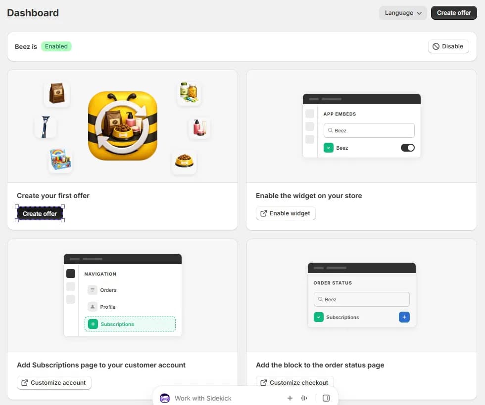 Beez dashboard in Shopify admin showing Beez is Enabled with a Disable button, a Language menu and Create offer button, and four setup cards: Create your first offer, Enable the widget on your store, Add Subscriptions page to your customer account, and Add the block to the order status page
