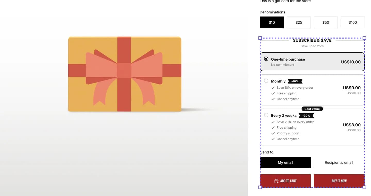 A Shopify product page for a gift card with denominations $10, $25, $50 and $100, showing the Beez Subscribe & Save widget with One-time purchase selected at US$10.00, Monthly at US$9.00 down from US$10.00, and Every 2 weeks at US$8.00 down from US$10.00 marked Best value, above the theme's Send to field and Add to cart and Buy it now buttons