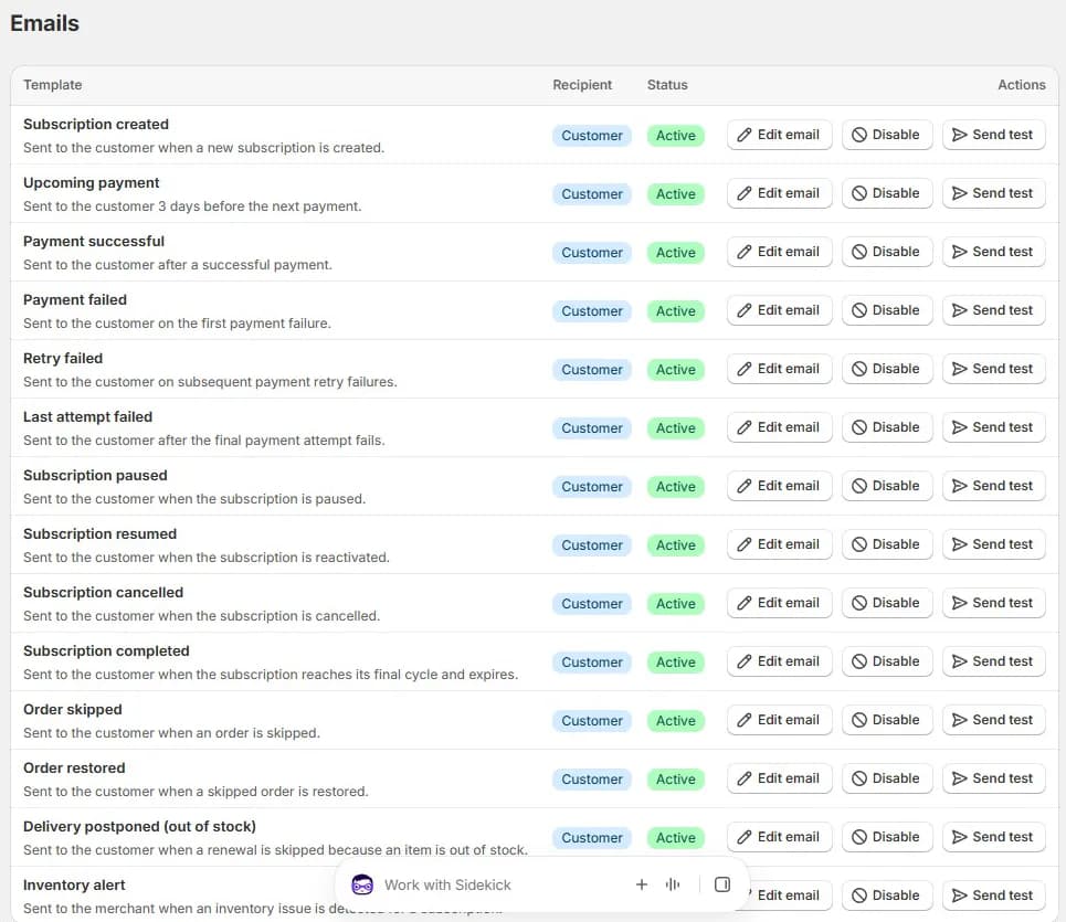 Beez Emails screen listing customer email templates, all Active, including Subscription created, Upcoming payment, Payment successful, Payment failed, Retry failed, Last attempt failed, Subscription paused, resumed, cancelled and completed, Order skipped, Order restored, Delivery postponed (out of stock) and an Inventory alert sent to the merchant, each with Edit email, Disable and Send test buttons