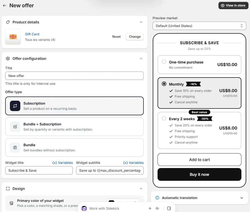 Beez New offer screen with a Gift Card product and its four variants selected, Offer type set to Subscription with Bundle + Subscription and Bundle as alternatives, widget title Subscribe & Save, and a live preview showing One-time purchase at US$10.00, Monthly at US$9.00 with 10% off, and Every 2 weeks at US$8.00 with 20% off marked Best value