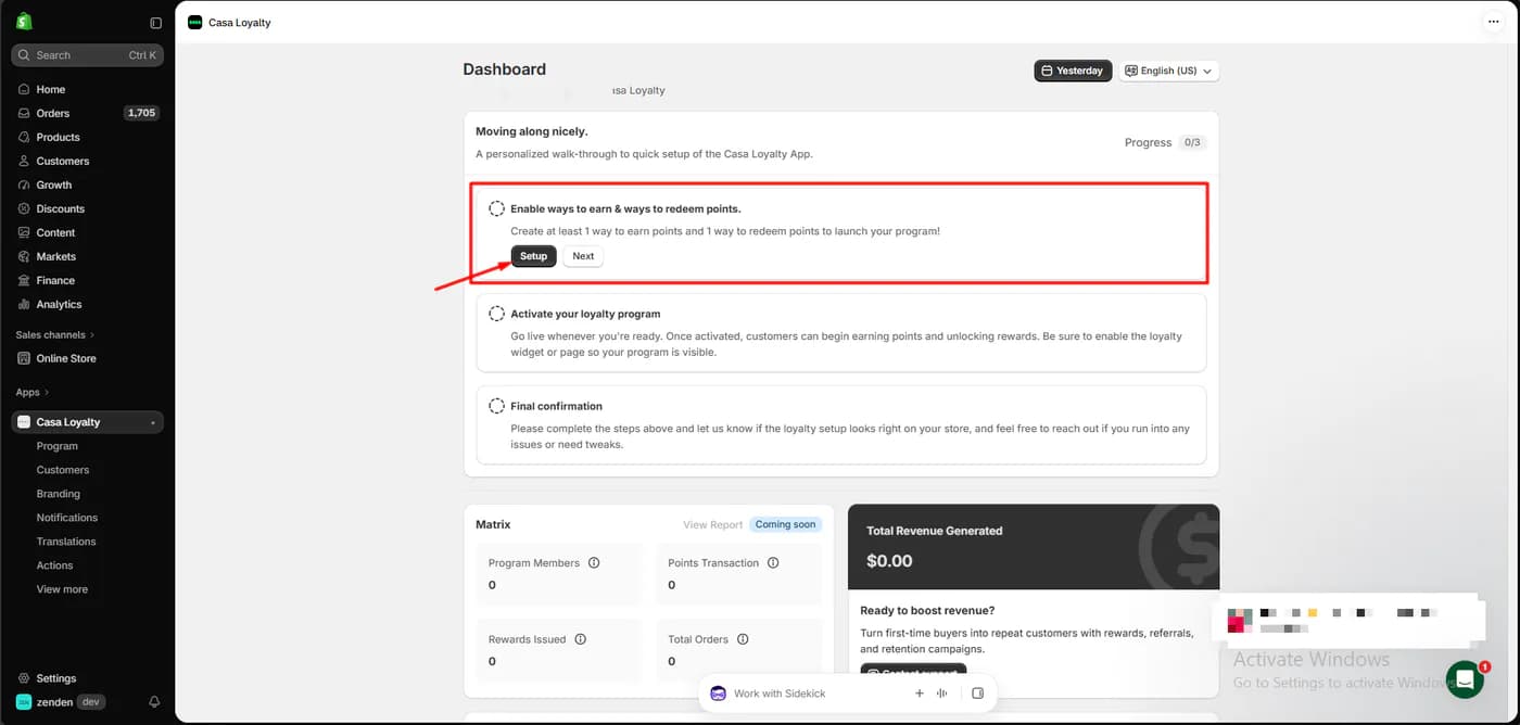 Casa Loyalty dashboard showing a setup checklist at zero of three steps, asking the merchant to create at least one way to earn and one way to redeem points, with program metrics at zero and a view report link marked coming soon
