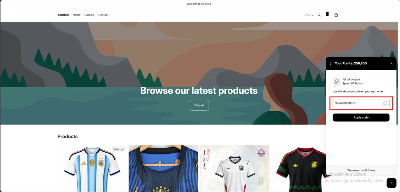 Casa Loyalty storefront panel after redeeming a one percent off coupon for 100 points, showing the balance reduced to 259,700, a discount code with a copy button, and an apply code button