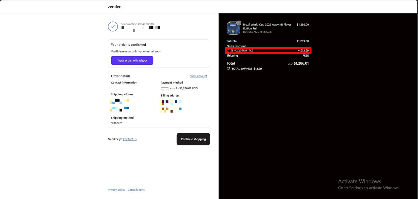 Shopify order confirmation showing the Casa Loyalty discount code applied as a 12.99 dollar order discount on a 1,299 dollar Brazil jersey, for a total of 1,286.01 dollars