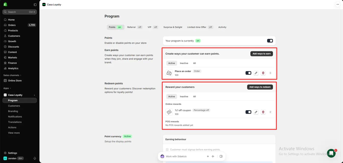 Casa Loyalty Program page with the points program switched on, tabs for referral, VIP and limited-time offers switched off, a place an order rule at 100 points, a one percent off coupon reward at 100 points, and no POS rewards added yet