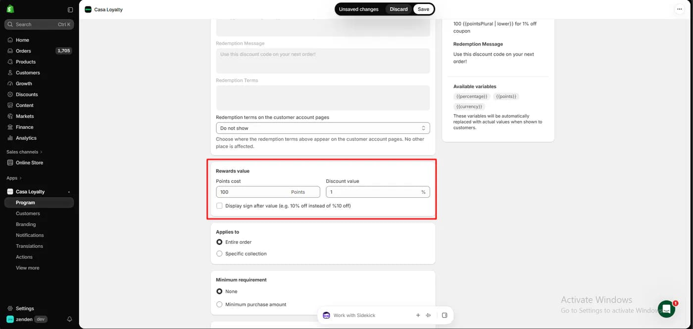 Casa Loyalty reward settings showing a points cost of 100 and a discount value of one percent, an unchecked option to display the percent sign after the value, and options to apply the reward to the entire order or a specific collection with no minimum requirement