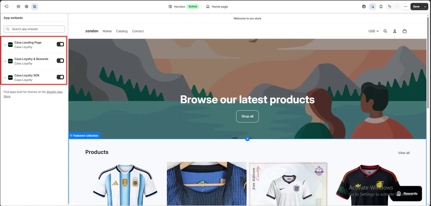 Shopify theme editor with three Casa Loyalty app embeds switched on: Casa Landing Page, Casa Loyalty and Rewards, and Casa Loyalty SDK, and a black Rewards launcher on the storefront