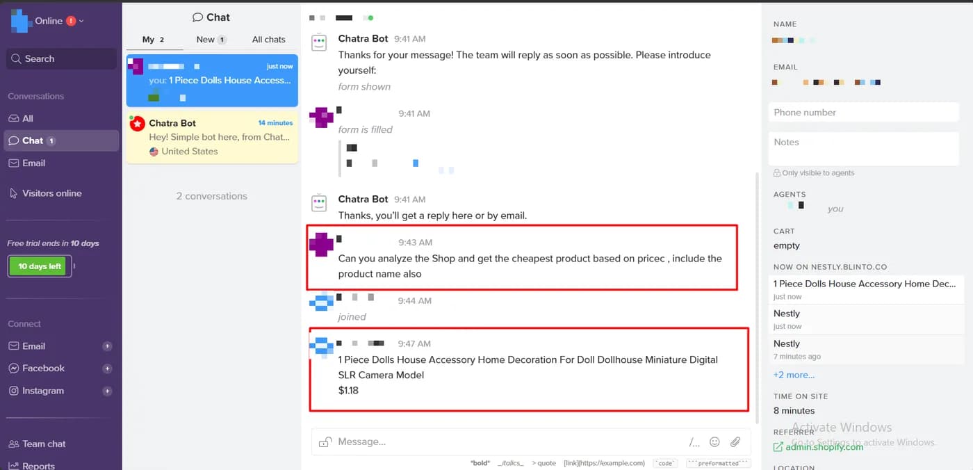 Chatra dashboard showing the shopper's cheapest-product question, the agent joining, and the agent's reply naming the 1.18 dollar product, with the visitor's live page history on the right