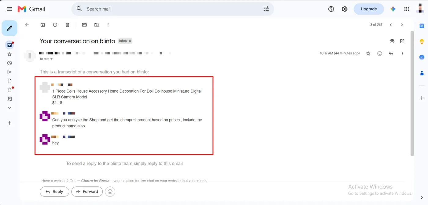 Email transcript sent by Chatra to the shopper showing the conversation messages and an option to reply by email