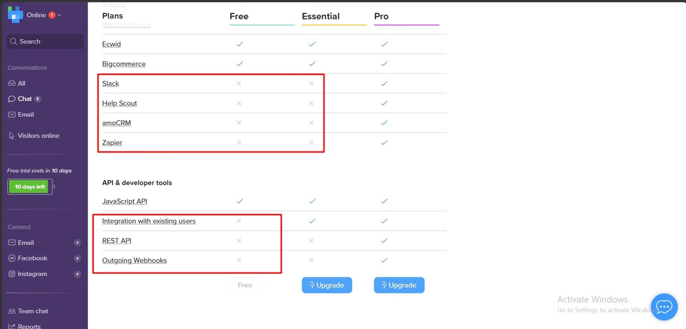Chatra plan comparison showing Slack, Help Scout, amoCRM, Zapier, REST API and outgoing webhooks available only on the Pro plan