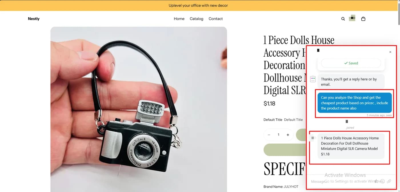 Storefront product page with the Chatra widget showing the agent's reply naming the cheapest product at 1.18 dollars