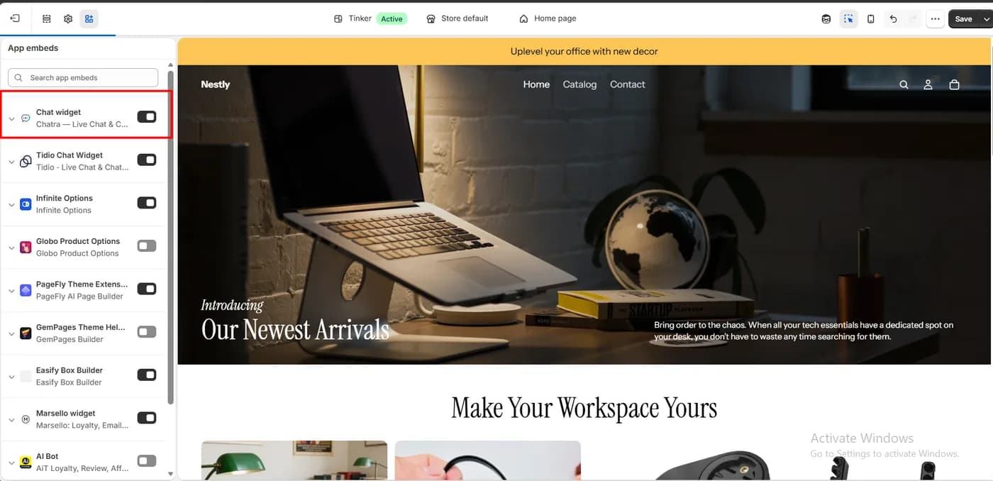 Shopify theme editor app embeds list with the Chatra chat widget embed switched on for the Nestly store