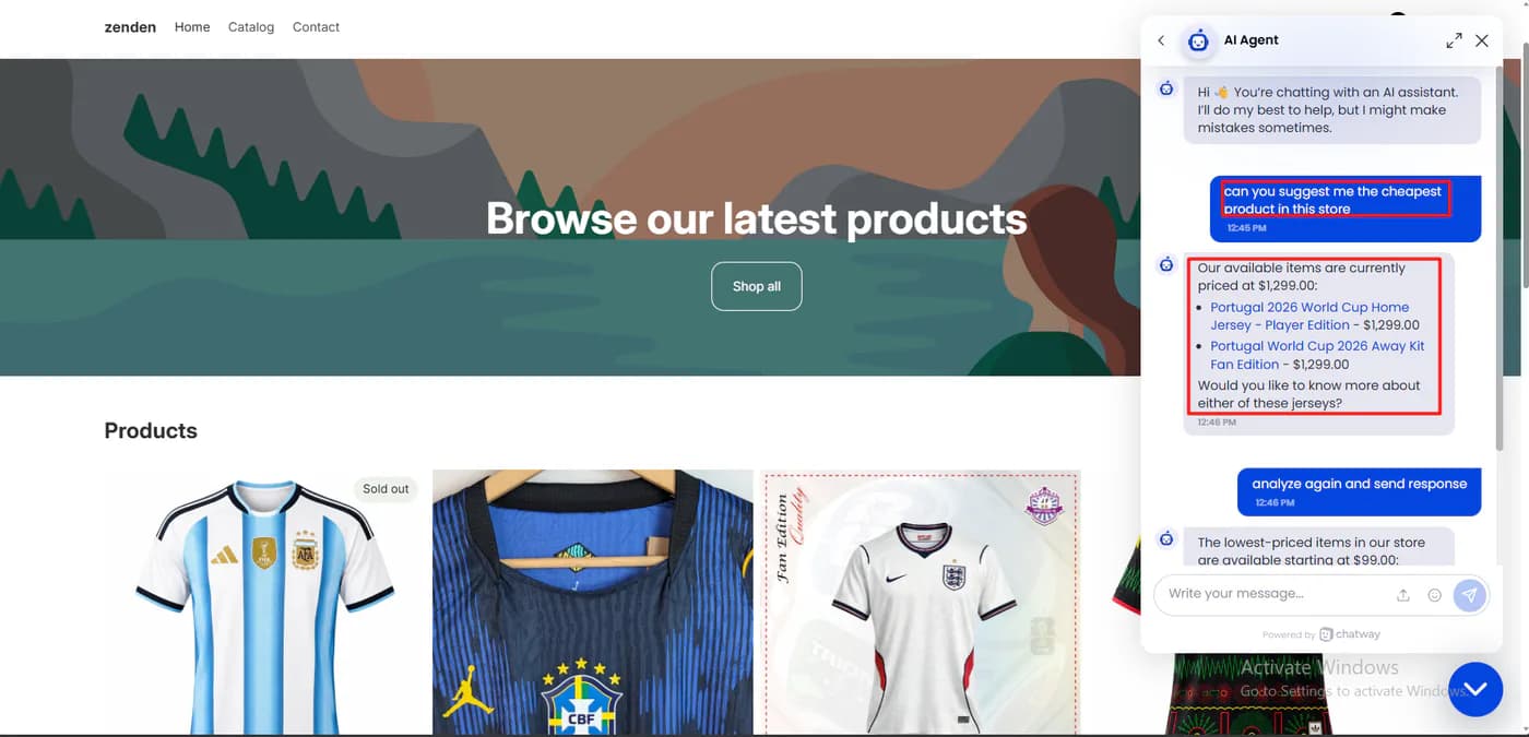 zenden storefront with the Chatway AI agent warning that it might make mistakes, then answering a request for the cheapest product with two Portugal jerseys at 1,299 dollars