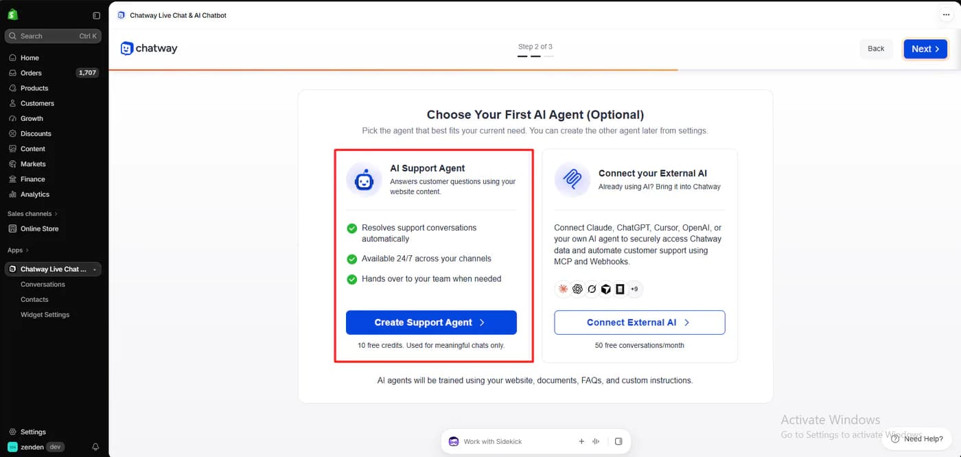 Chatway setup step two offering an AI support agent that answers using website content with 10 free credits, or connecting an external AI such as Claude or ChatGPT with 50 free conversations a month