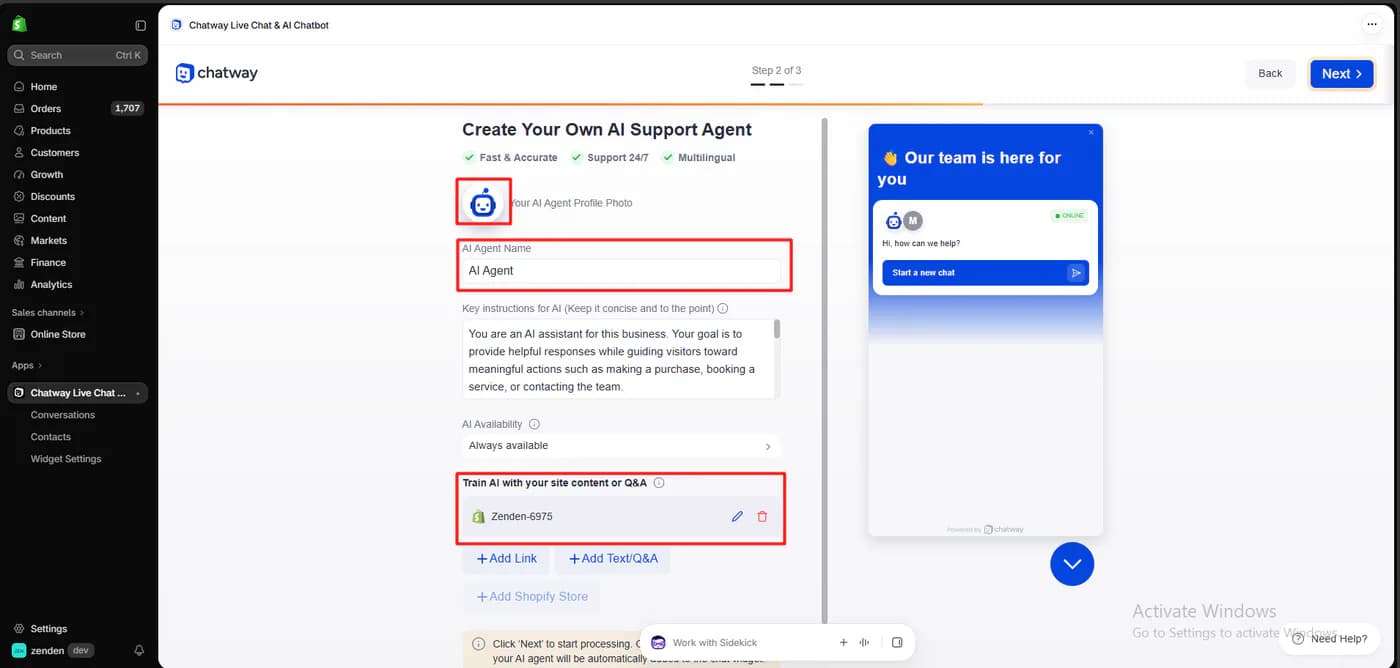 Chatway create your own AI support agent screen with an agent name, key instructions, always available, and training source set to the Zenden Shopify store, beside a widget preview