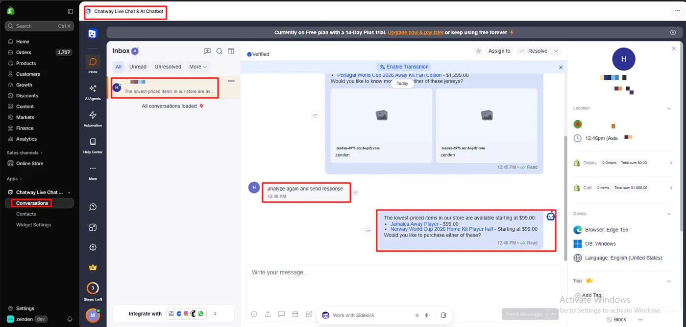 Chatway inbox showing the shopper's request to analyze again and the AI reply with prices of 99 dollars, beside a visitor panel with location, local time, zero orders, a cart of two items totalling 1,998 dollars, and device details