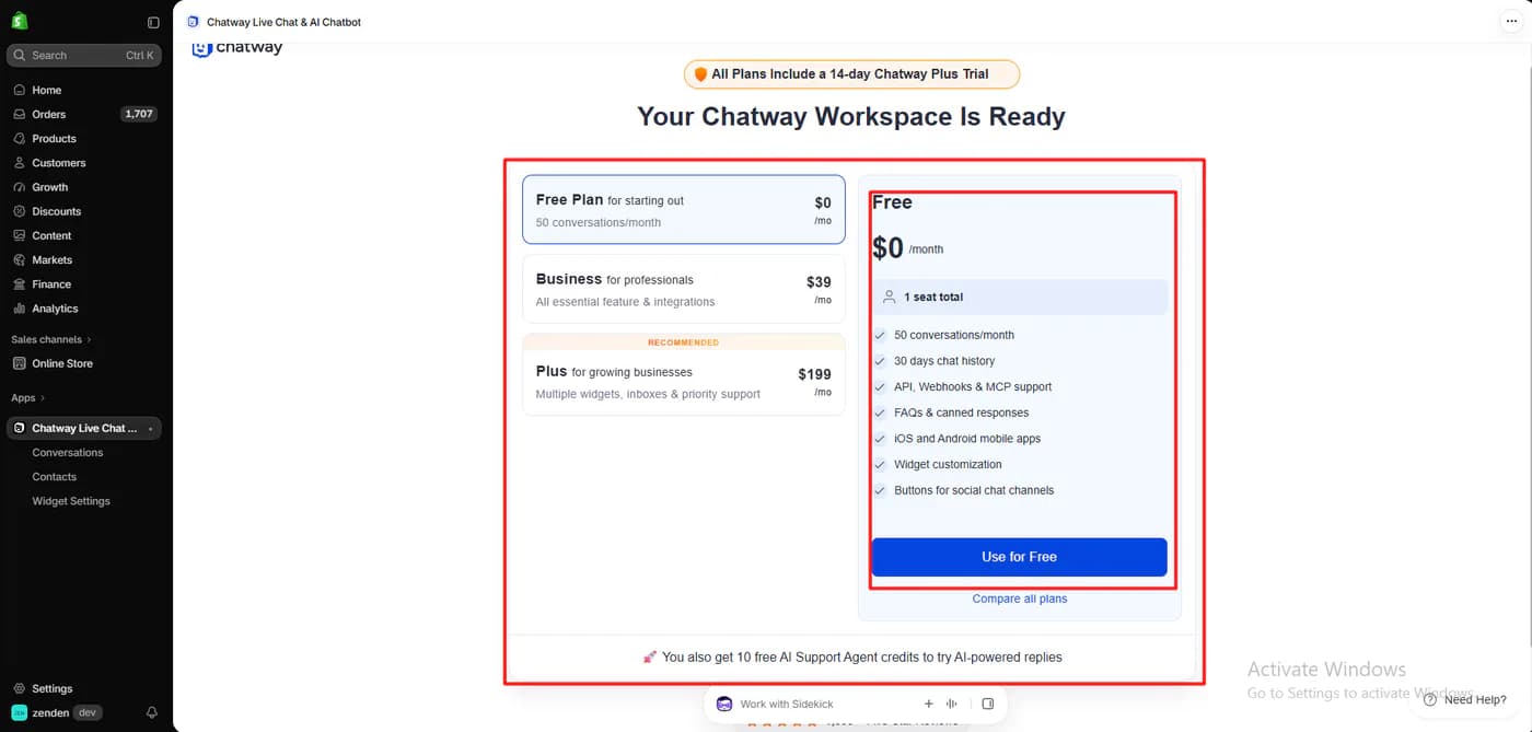 Chatway plan choice screen with the free plan at 0 dollars for 50 conversations a month, Business at 39 dollars, Plus at 199 dollars, and a note about 10 free AI support agent credits