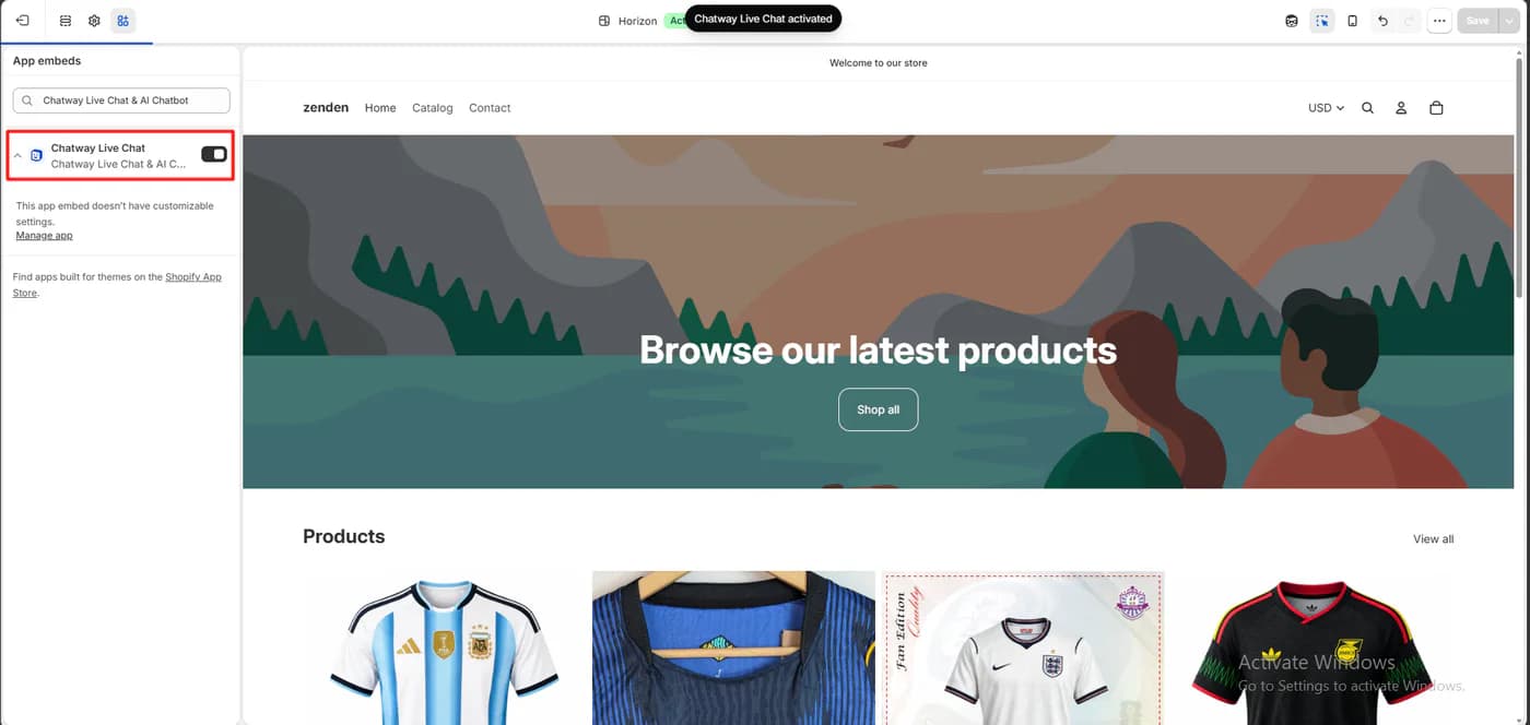 Shopify theme editor with the Chatway live chat app embed switched on and a confirmation reading Chatway live chat activated