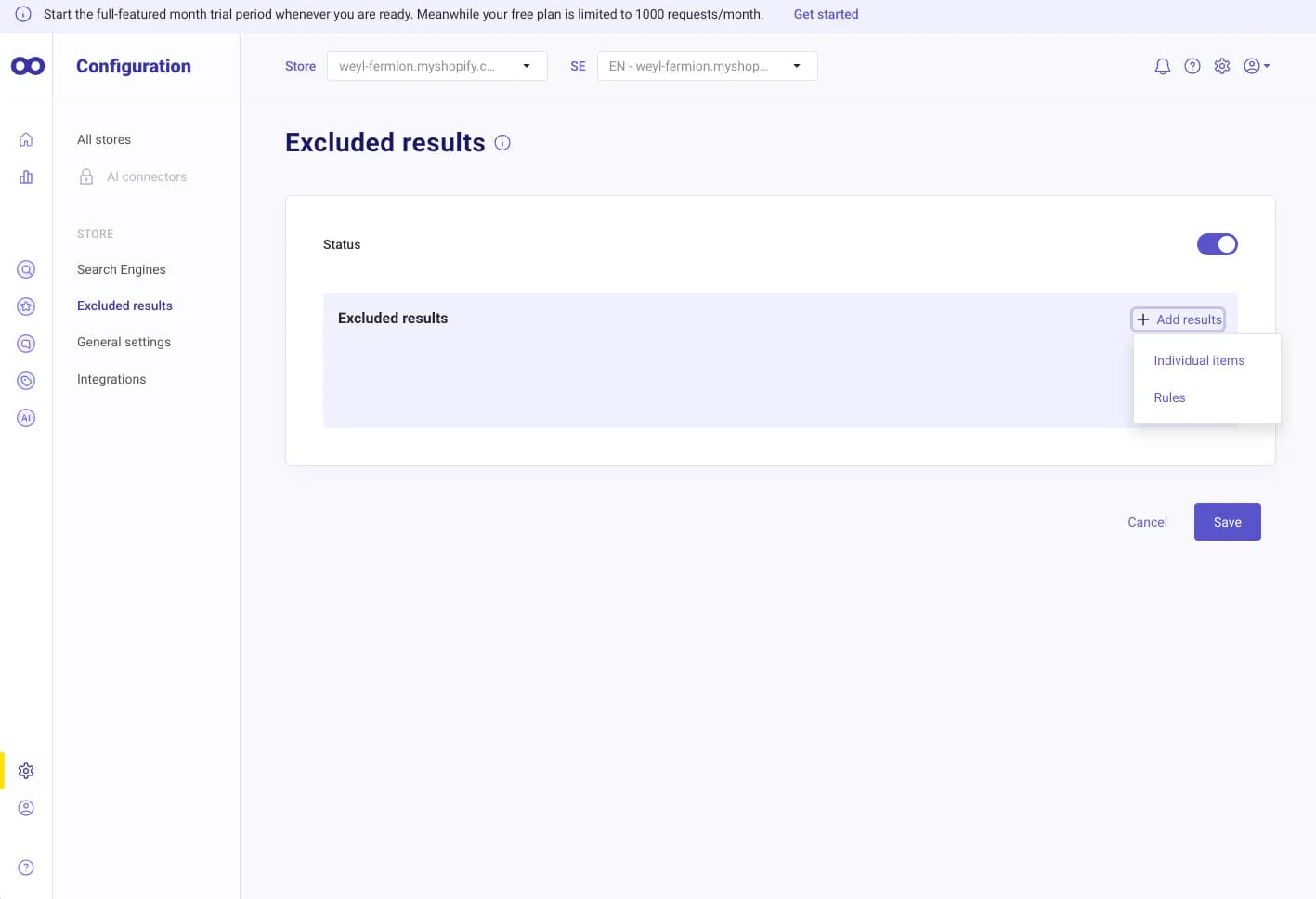 Doofinder Excluded results page with the Status switch turned on and the Add results menu open, offering Individual items or Rules
