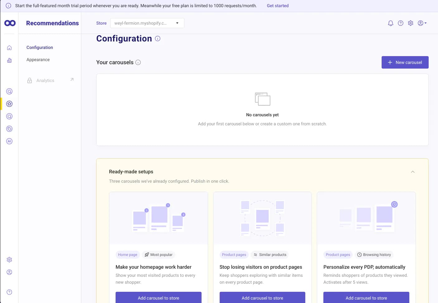 Doofinder Recommendations configuration page with no carousels yet and three ready-made setups: most popular products on the home page, similar products on product pages, and browsing history on product pages, each with an Add carousel to store button