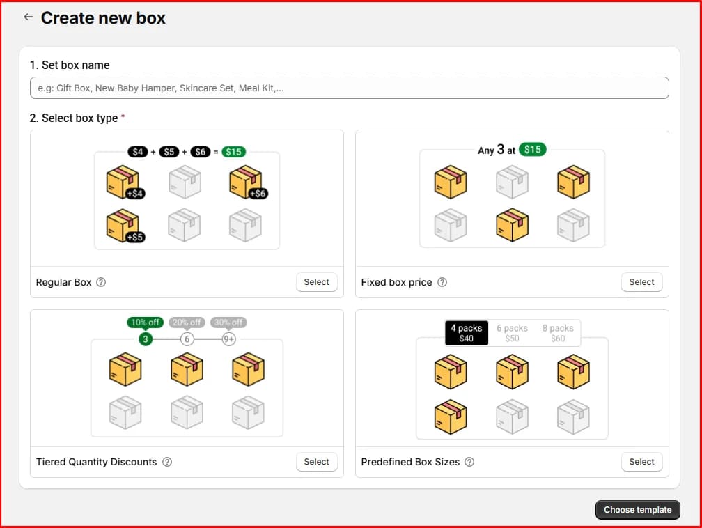 Easify Box Builder's Create new box screen with four box types: Regular Box, Fixed box price, Tiered Quantity Discounts, and Predefined Box Sizes