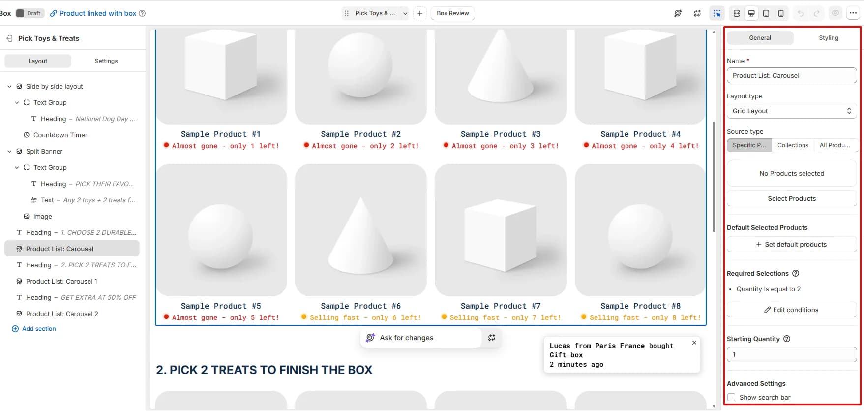 Easify visual editor with a product list selected and its settings panel showing layout type, source type, required selections set to quantity equal to 2, and a search bar option