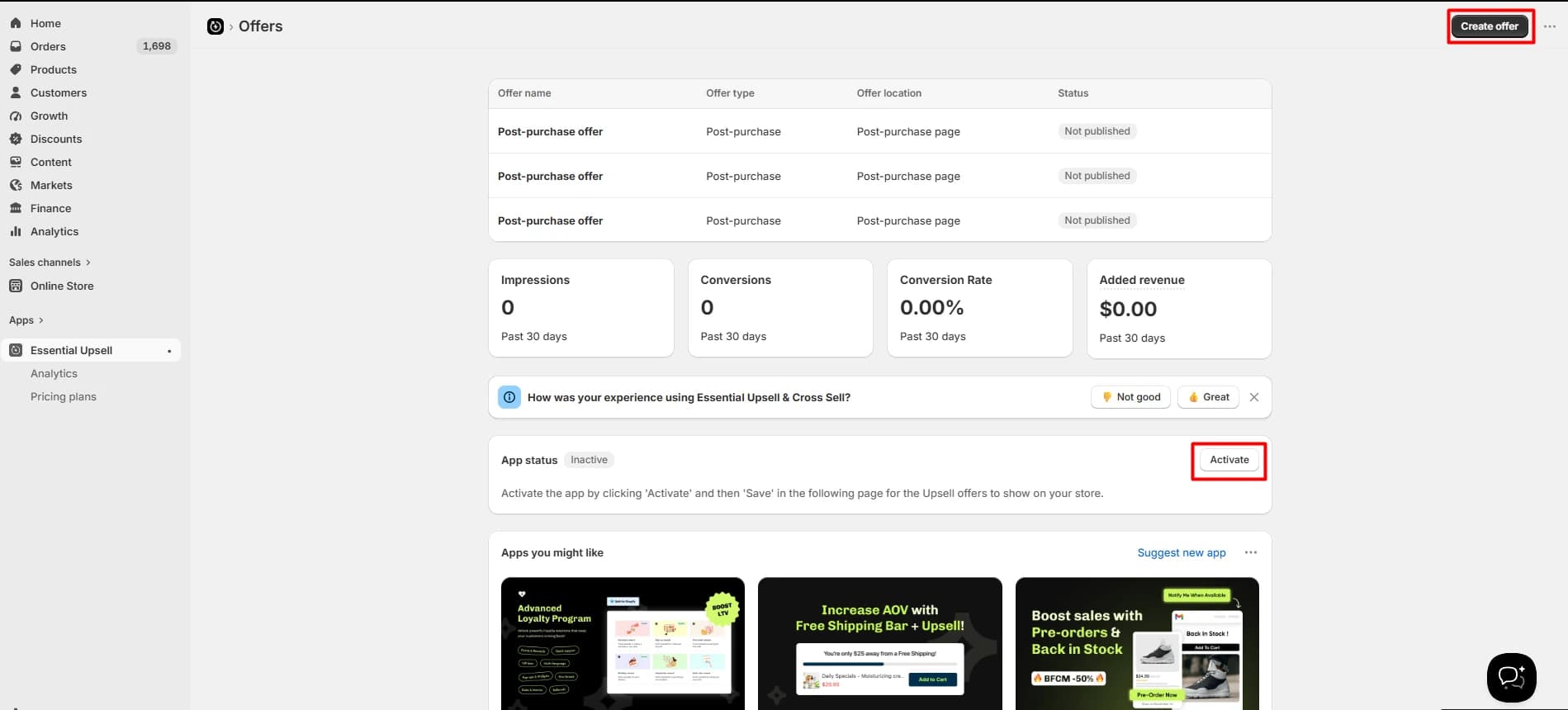 Essential Upsell & Cross Sell dashboard showing three post-purchase campaigns, their unpublished status, performance totals, and an inactive app state