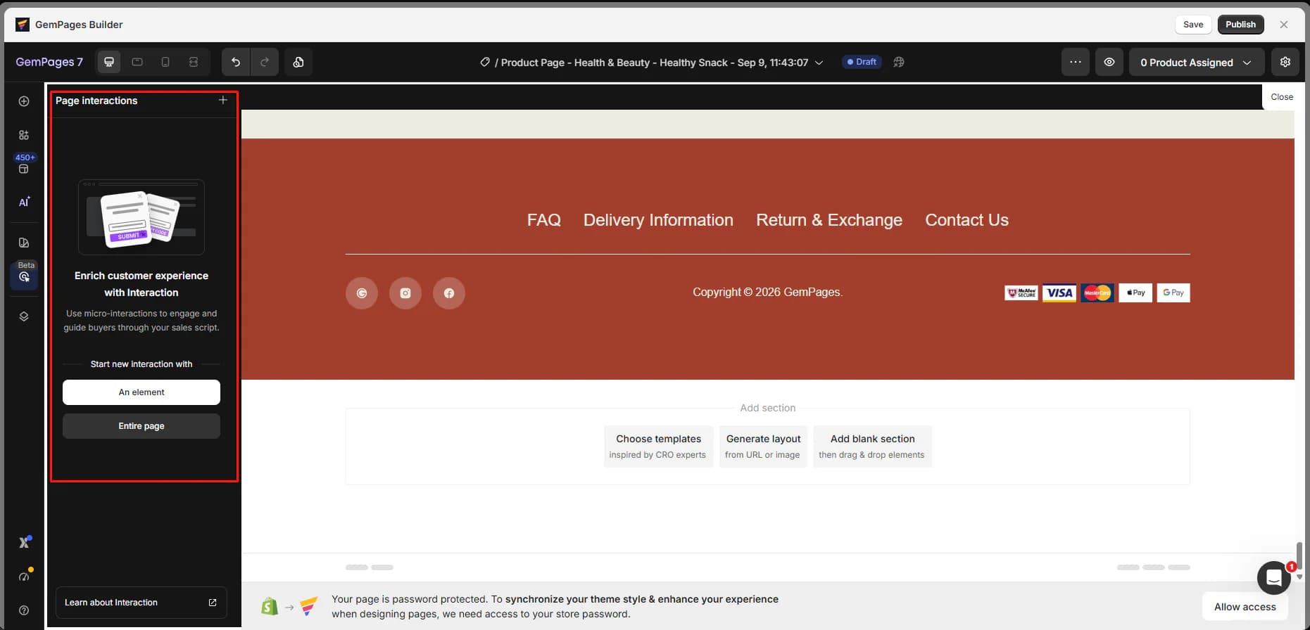 GemPages Page interactions panel showing options to start an interaction from an element or the entire page