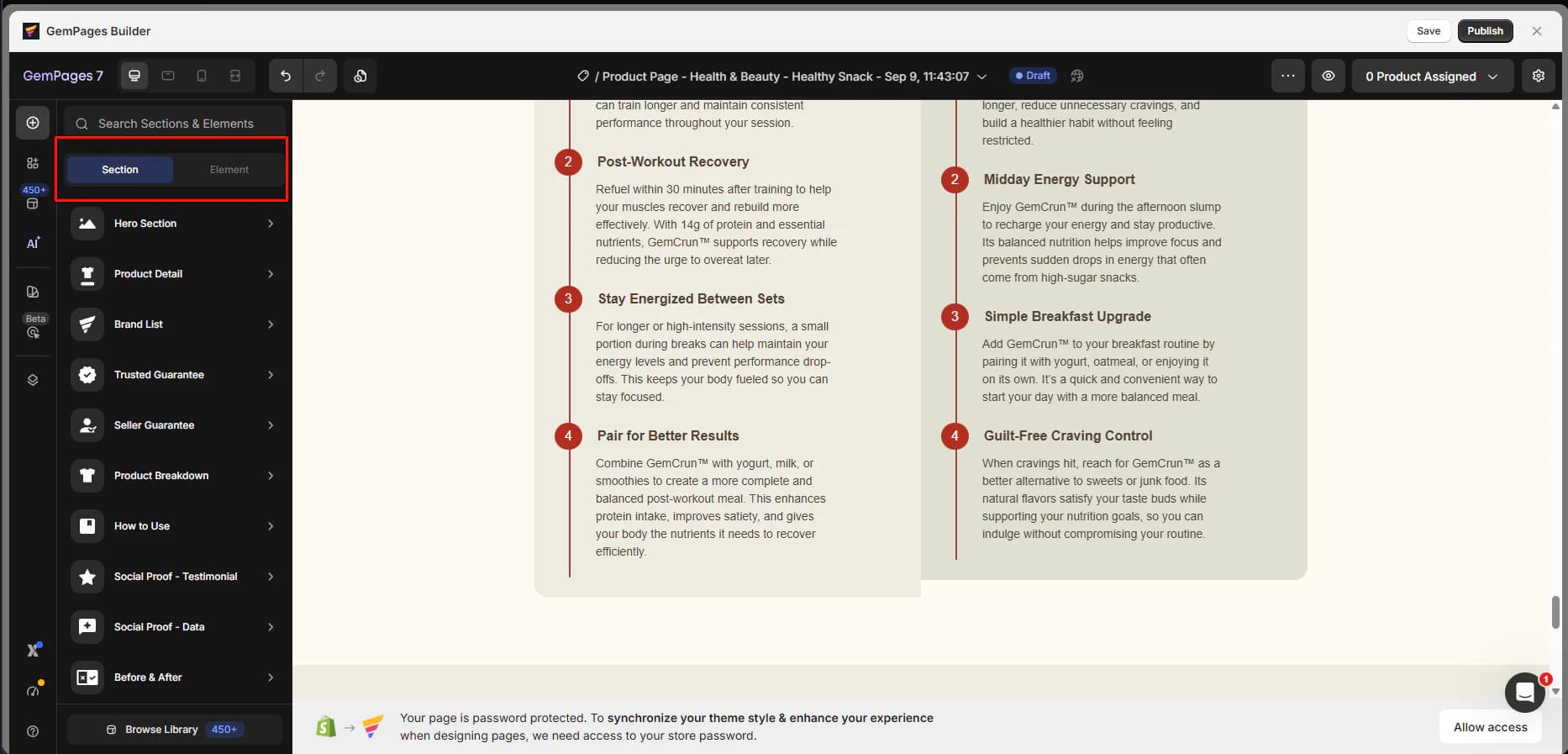 GemPages editor showing the Sections and Elements tabs with ecommerce-focused section categories