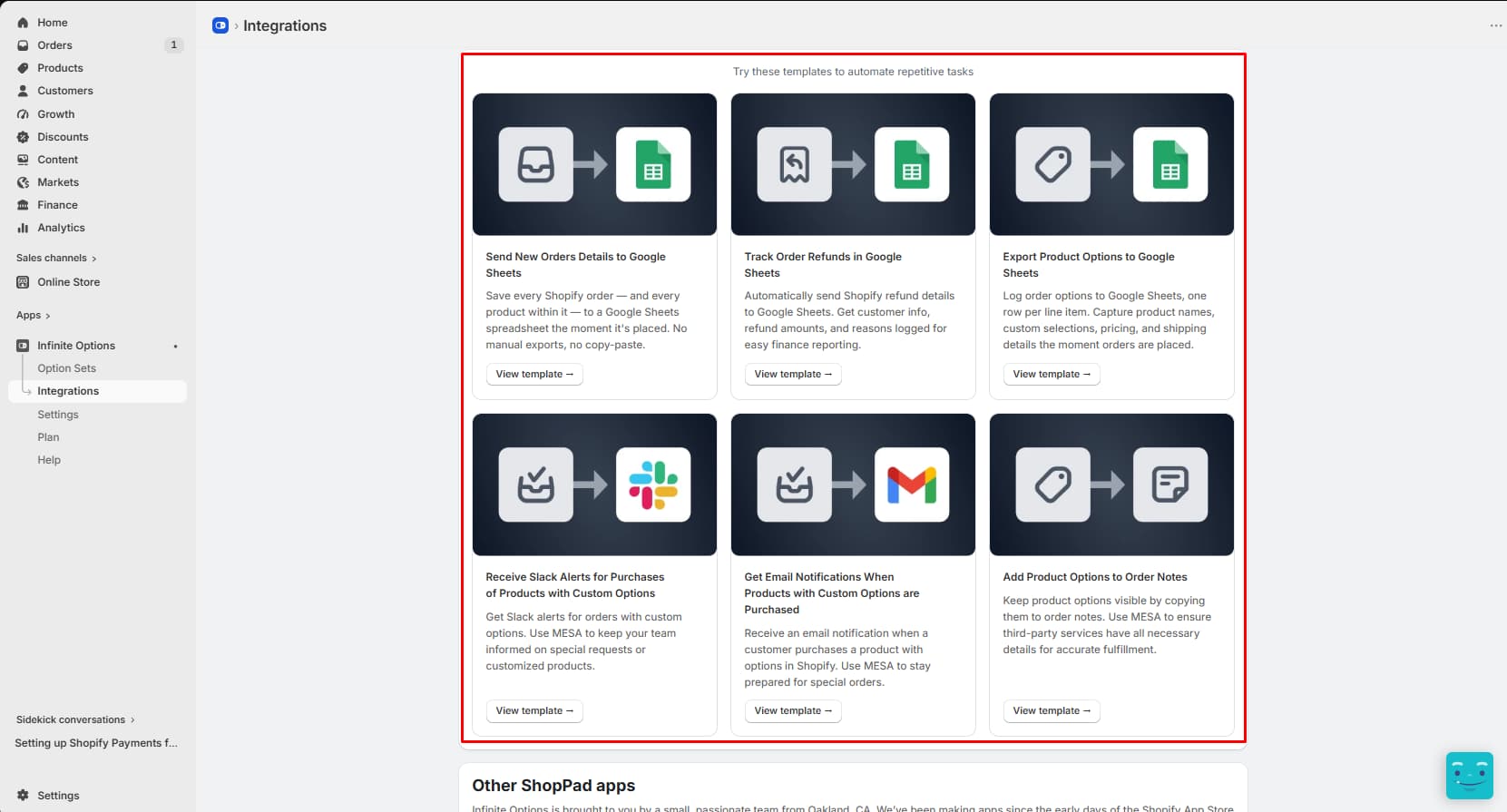 Infinite Options Integrations page with six automation templates, including sending orders and product options to Google Sheets, Slack alerts, email notifications, and adding options to order notes