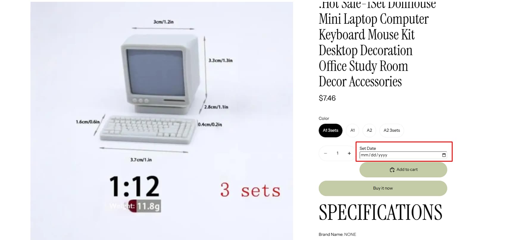 A product page with color variant buttons and a Set Date field with a date input, placed next to the quantity selector and above the Add to cart button