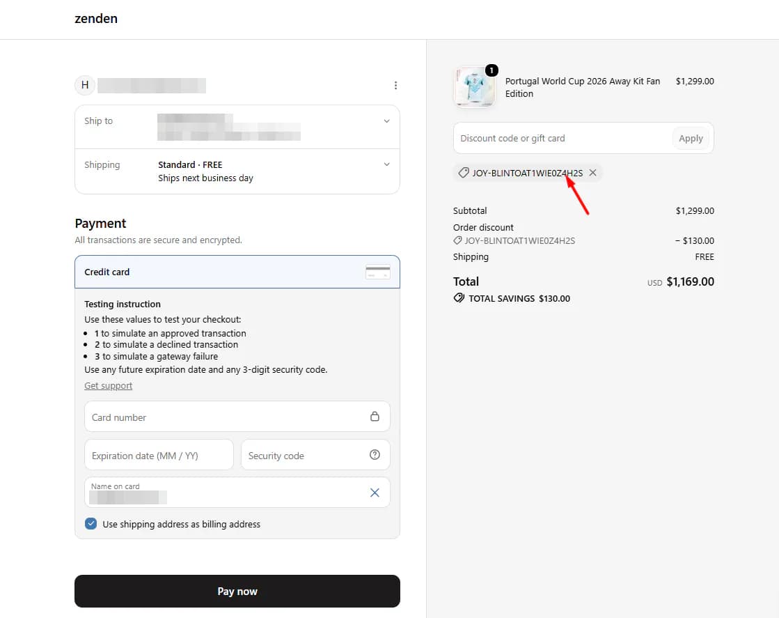 Shopify checkout order summary showing a Joy-generated coupon code applied as a $130 order discount, with total savings of $130 on a $1,299 order