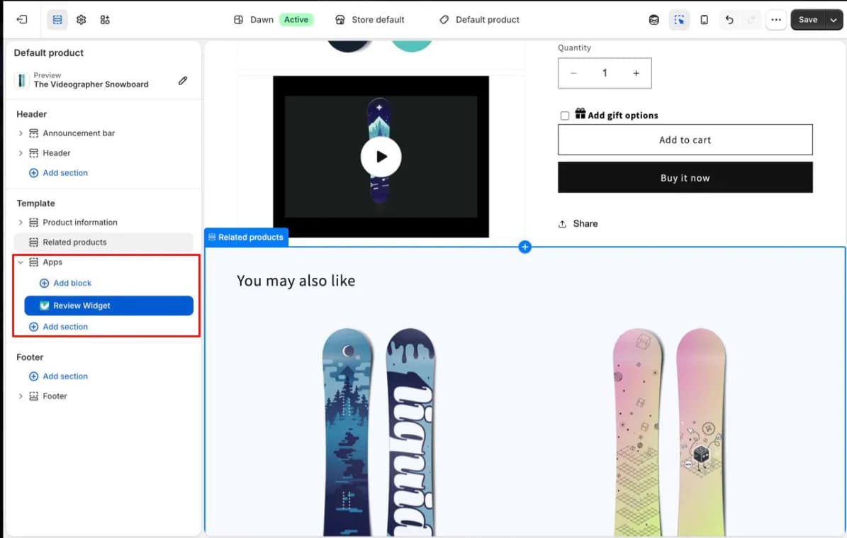 Shopify's Dawn theme editor showing the Judge.me Review Widget added as an app block on the default product template