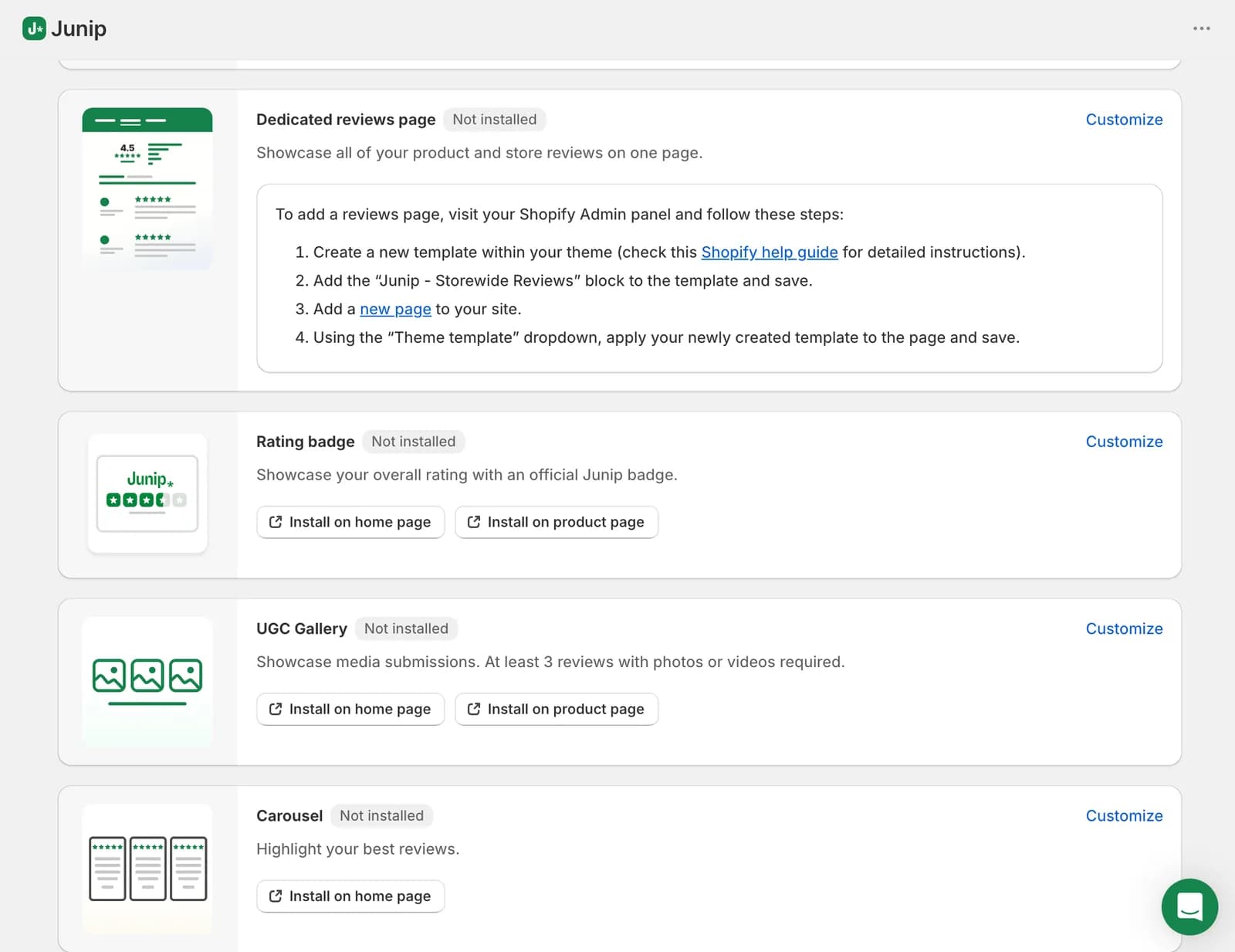 Junip Displays page on the Free plan, listing the dedicated reviews page, rating badge, UGC gallery, and carousel as not installed, with four manual steps shown for creating the reviews page and a note that the gallery needs at least three reviews with photos or videos